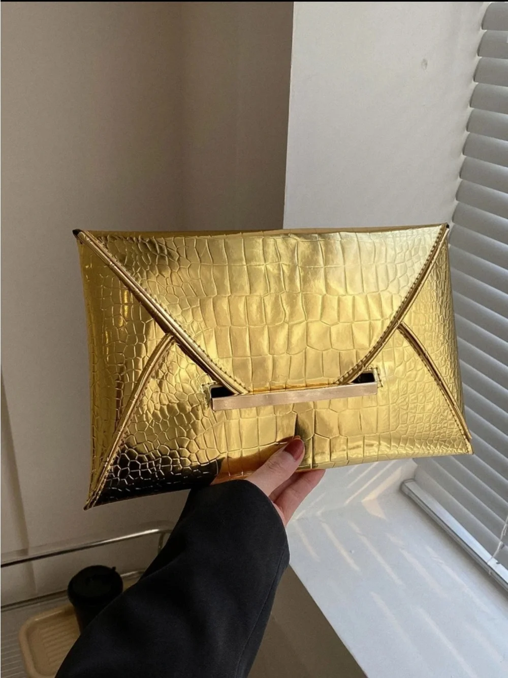 Gold Croc-Embossed Envelope Clutch